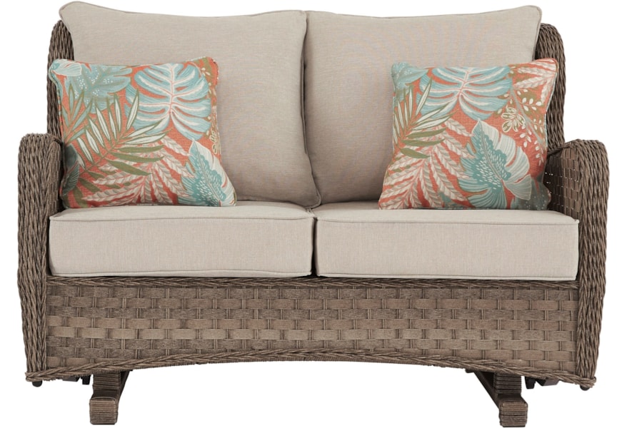 Benchcraft Clear Ridge Resin Wicker Loveseat Glider W Cushion Virginia Furniture Market Outdoor Loveseats