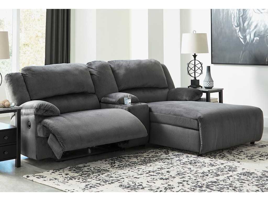 Signature Design By Ashley Clonmel Reclining Sectional W Chaise Console Royal Furniture Reclining Sectional Sofas