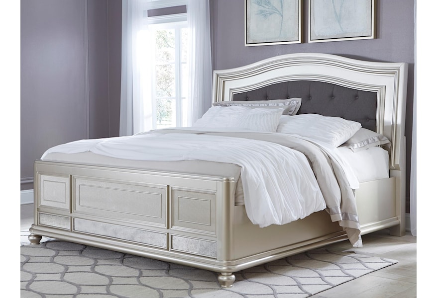 Ashley Furniture Signature Design Coralayne B650 158 56 97 King Panel Bed With Arched Upholstered Headboard And Silver Finish Frame Del Sol Furniture Upholstered Beds