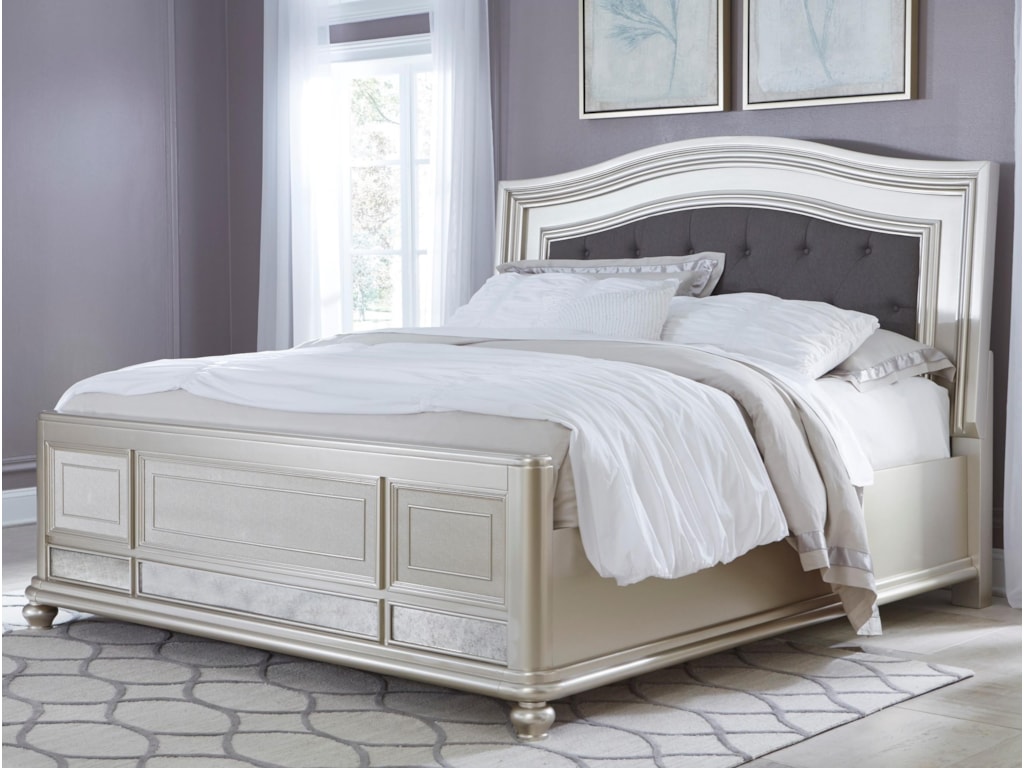 Signature Design By Ashley Coralayne Queen Panel Bed With Arched Upholstered Headboard And Silver Finish Frame Sam Levitz Furniture Upholstered Beds
