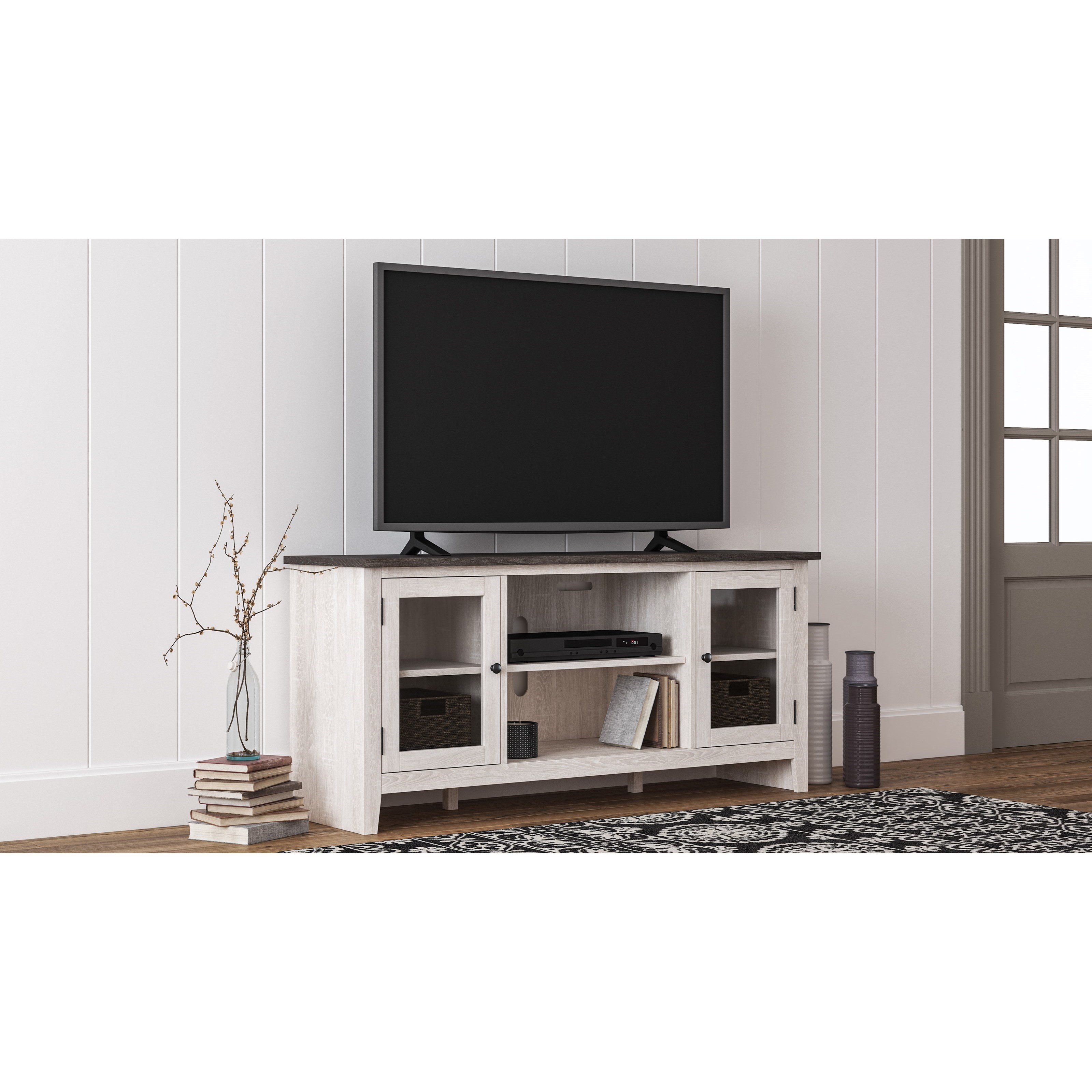 Benchcraft Dorrinson Two Tone Large Tv Stand With Glass Doors Virginia Furniture Market Tv Stands Modern tv stand, center fireplace with glass shelves and le lights, whiteby decor love(1). virginia furniture market