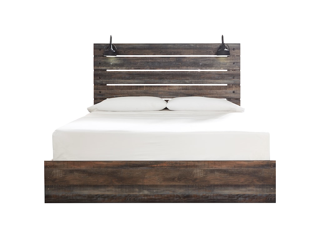 Signature Design By Ashley Drystan Rustic King Panel Bed With Industrial Lights Royal Furniture Platform Beds Low Profile Beds