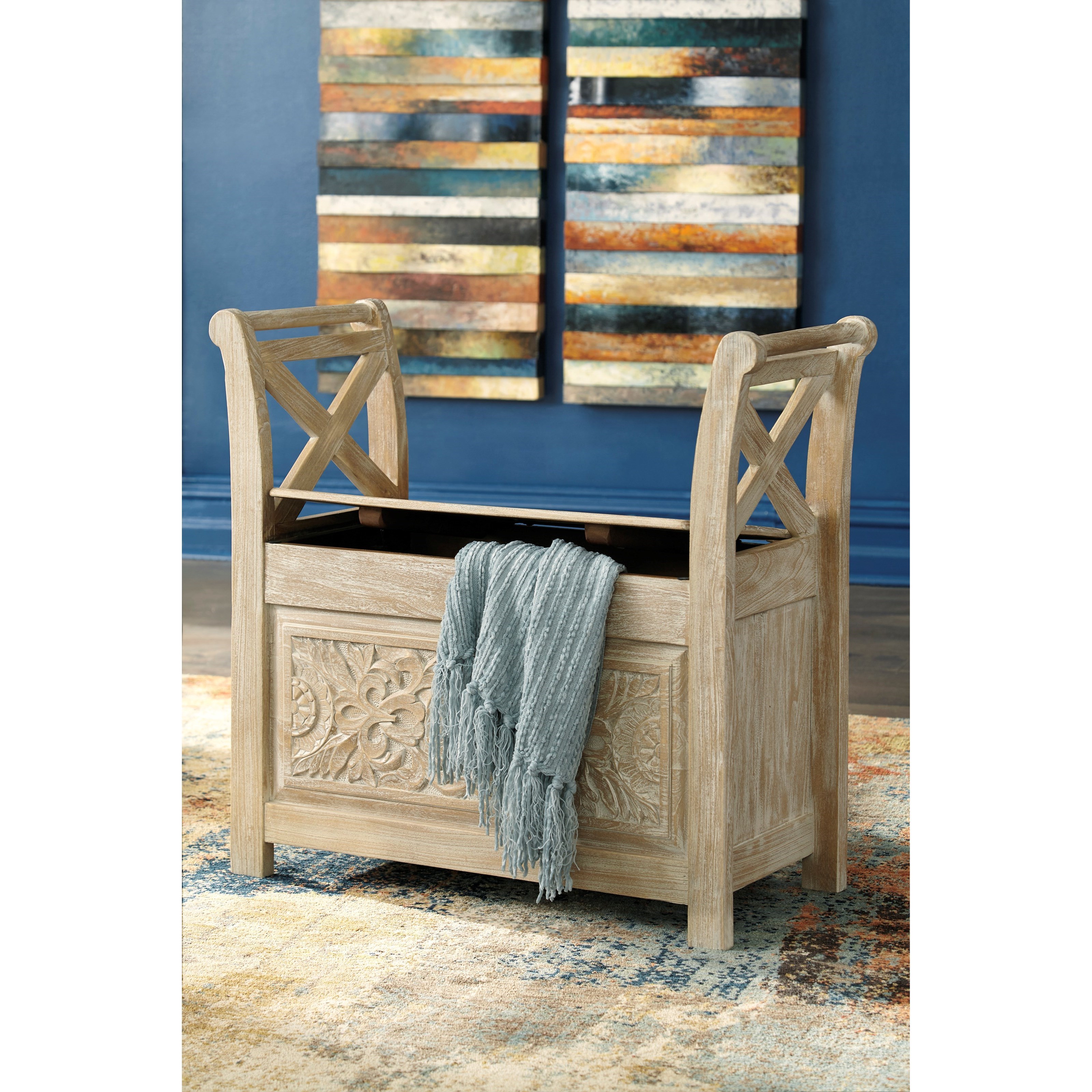 Signature Design By Ashley Fossil Ridge Storage Accent Bench With Carved Floral Details Wayside Furniture Bench