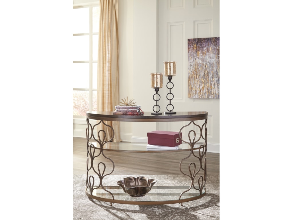 Fraloni T086-4 Demllune Sofa Table With Wood Top And Glass Shelves By Signature Design By Ashley Fraloni T086-4 Demllune Sofa Table With Wood Top And Glass Shelves By Signature Design By Ashley