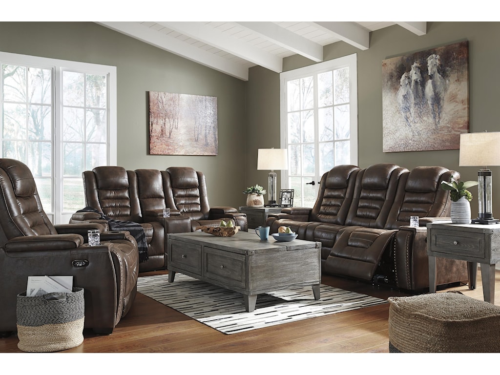 Signature Design By Ashley Game Zone 3850115 13 Power Reclining Sofa With Adjustable Headrest And Power Recliner Set Sam Levitz Outlet Reclining Living Room Groups