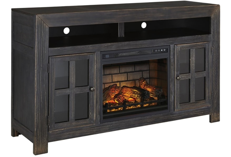 Signature Design By Ashley Gavelston Distressed Black Large Tv Stand With Electric Fireplace Unit Furniture And Liancemart Stands Tv Stand With Electric Fireplace