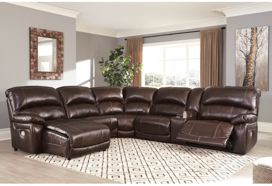 Ashley Signature Design Hallstrung Leather Match 6 Piece Reclining Sectional With Left Chaise Console Rooms And Rest Sofas Reclining Sectional Sofas