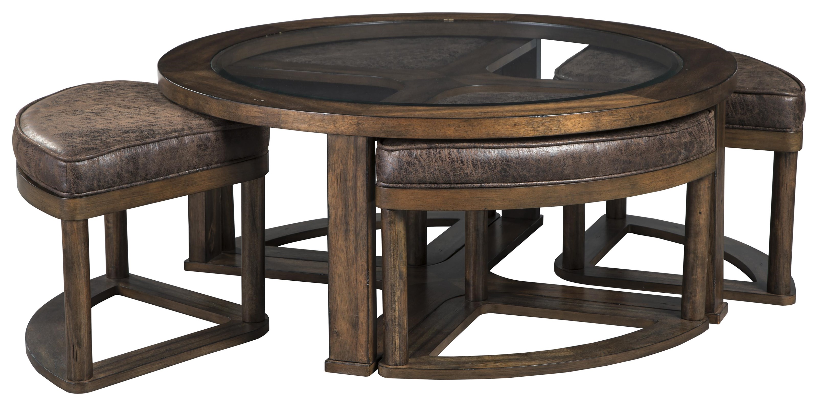 Signature Design By Ashley Hannery T725 8 6 4 Round Cocktail Table With 4 Stools Round End Table And Sofa Table Set Sam Levitz Furniture Occasional Groups