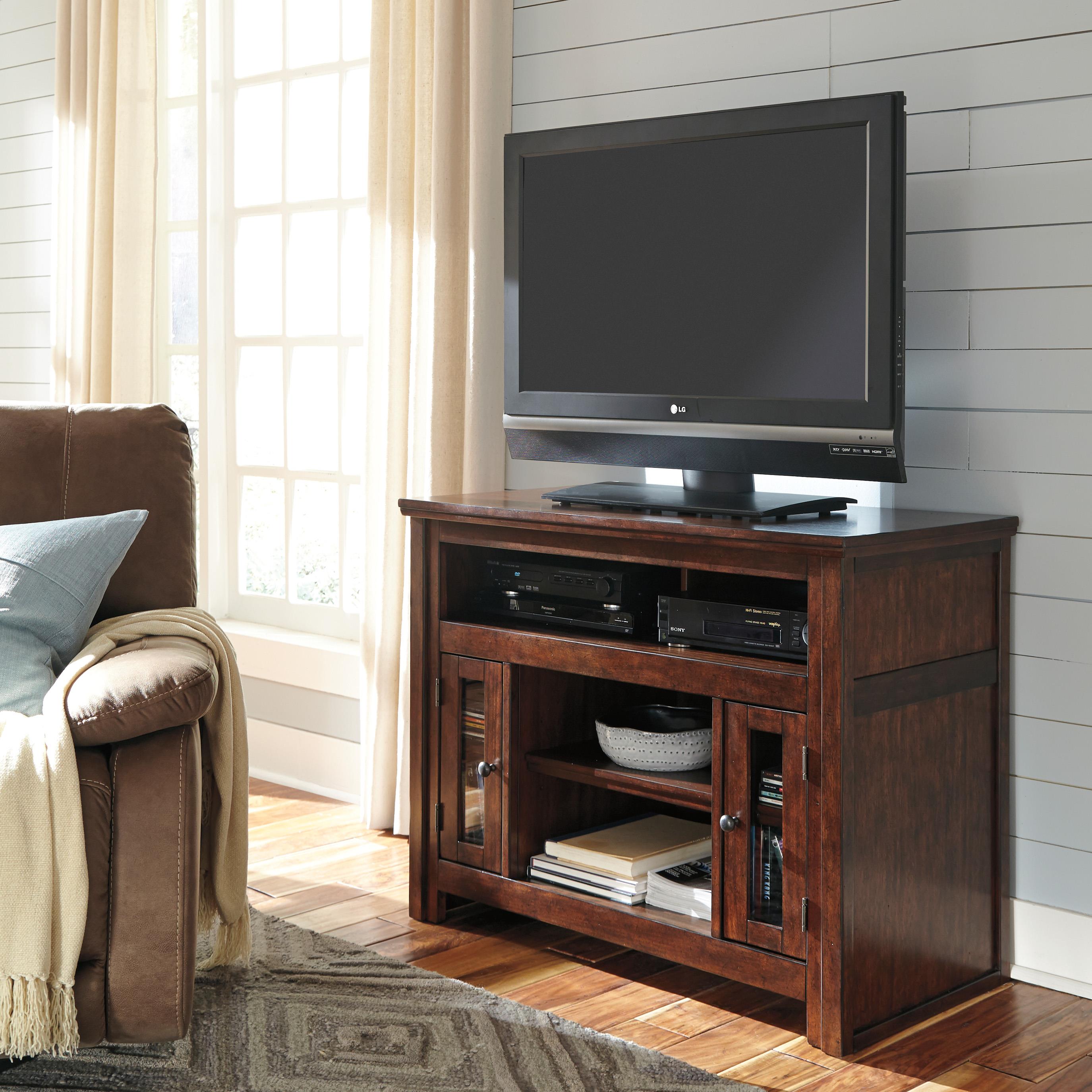 Signature Design By Ashley Harpan Mango Veneer Tv Stand With Glass
