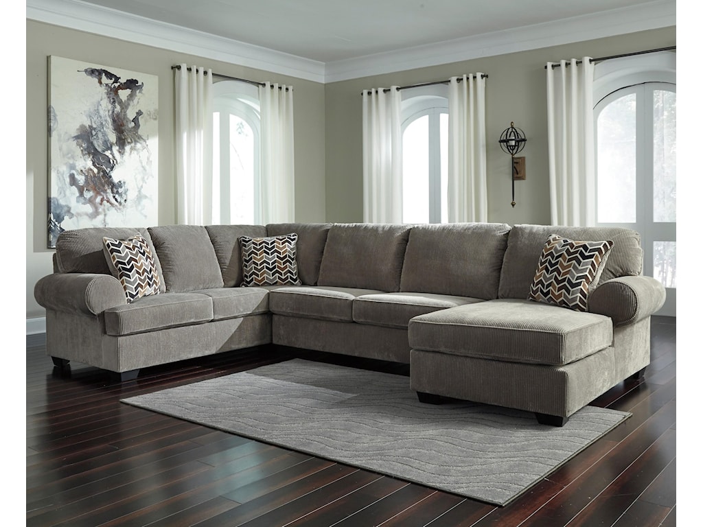 Signature Design By Ashley Jinllingsly Contemporary 3 Piece Sectional With Right Chaise In Corduroy Fabric Royal Furniture Sectional Sofas