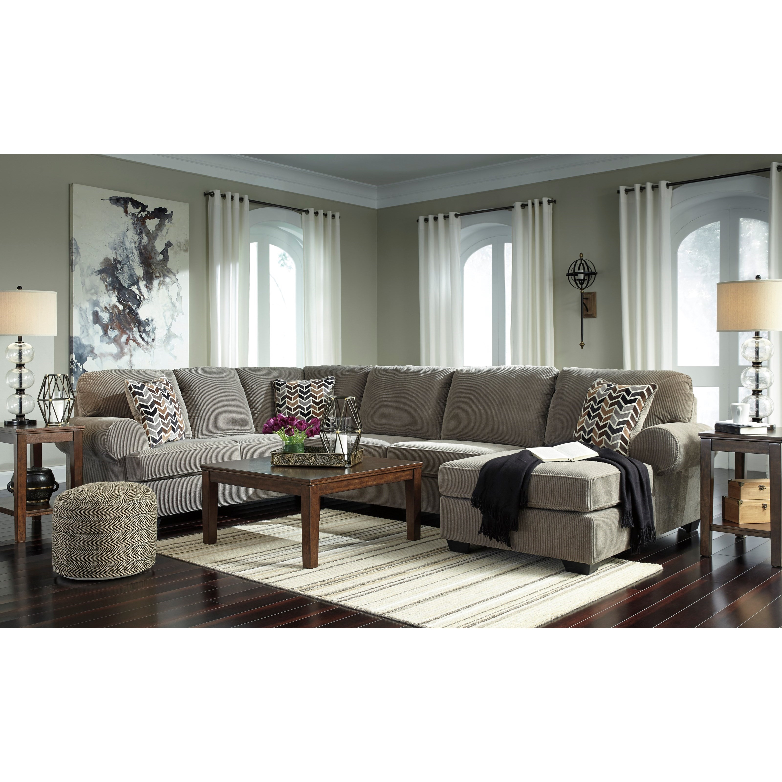 Signature Design By Ashley Jinllingsly Contemporary 3 Piece Sectional With Right Chaise In Corduroy Fabric Royal Furniture Sectional Sofas Signature durablend® upholstered seating provides the look of leather without the high price tag. jinllingsly 3 piece sectional with chaise