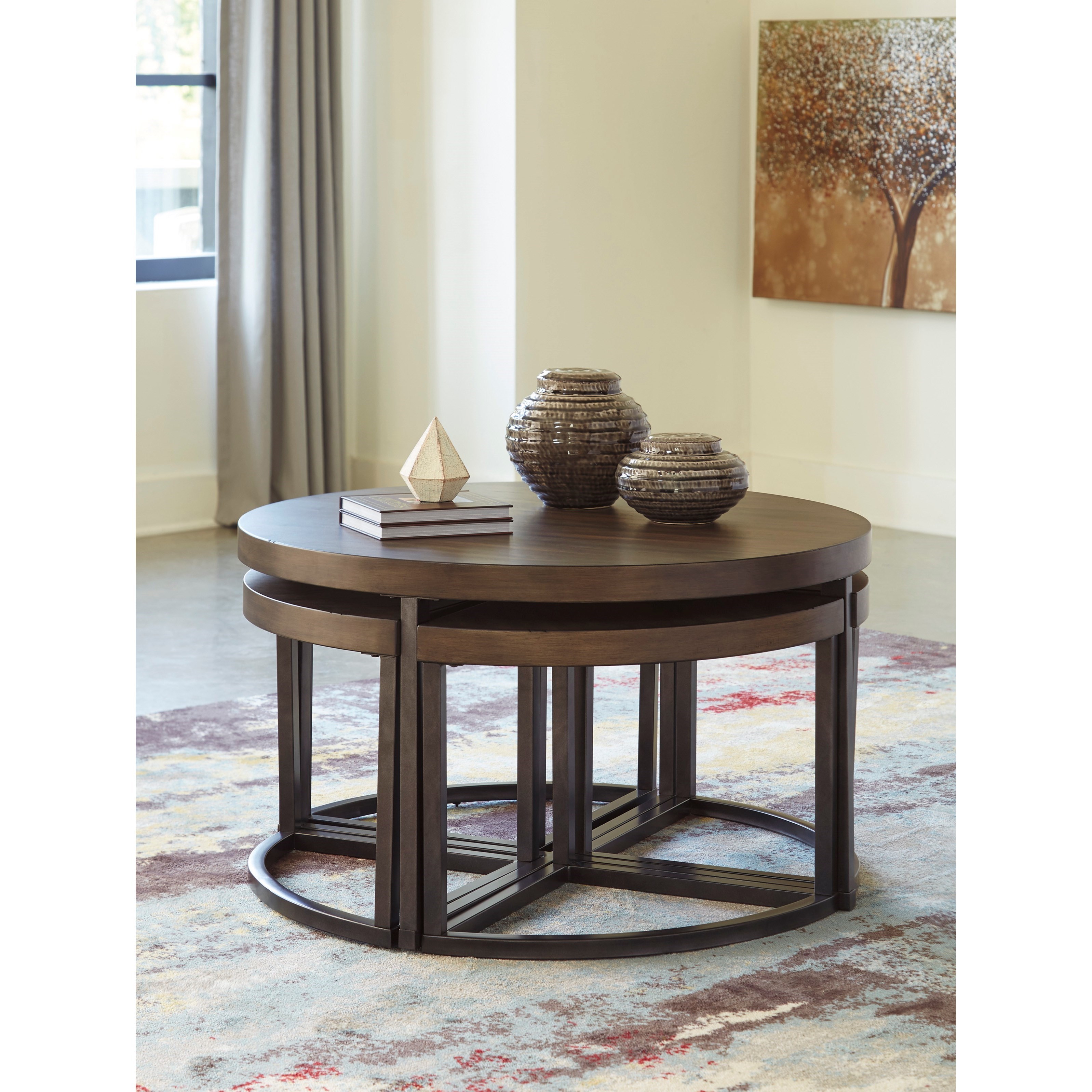 Signature Design By Ashley Johurst Contemporary Metal Wood Round Cocktail Table W 4 Stools Wayside Furniture Cocktail Coffee Tables,Sencillas Elegantes Unas Decoradas Delos Pies Faciles Y Bonitas