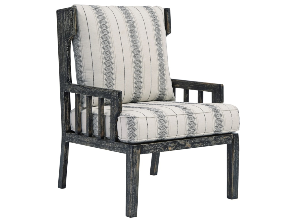 Signature Design By Ashley Kelanie Distressed Black Wood Accent Chair With Wing Back And Loose Reversible Cushions Royal Furniture Exposed Wood Chairs