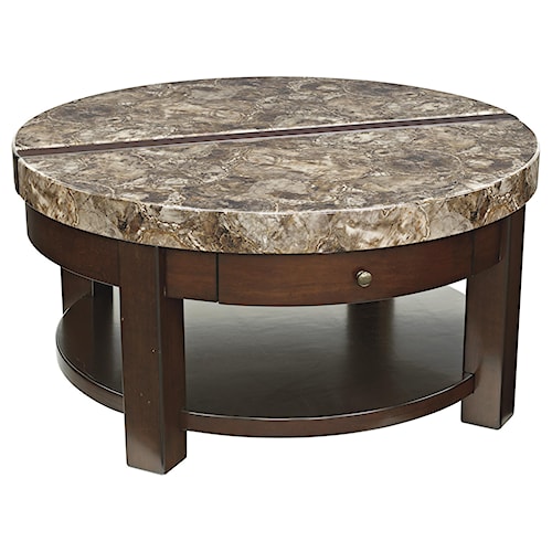 Signature Design By Ashley Furniture Kraleene Round Lift Top Signature Design by Ashley Furniture Kraleene Round Lift Top Cocktail Table with Drawer & Shelf - Signature Design By Ashley Furniture Kraleene Round Lift Top