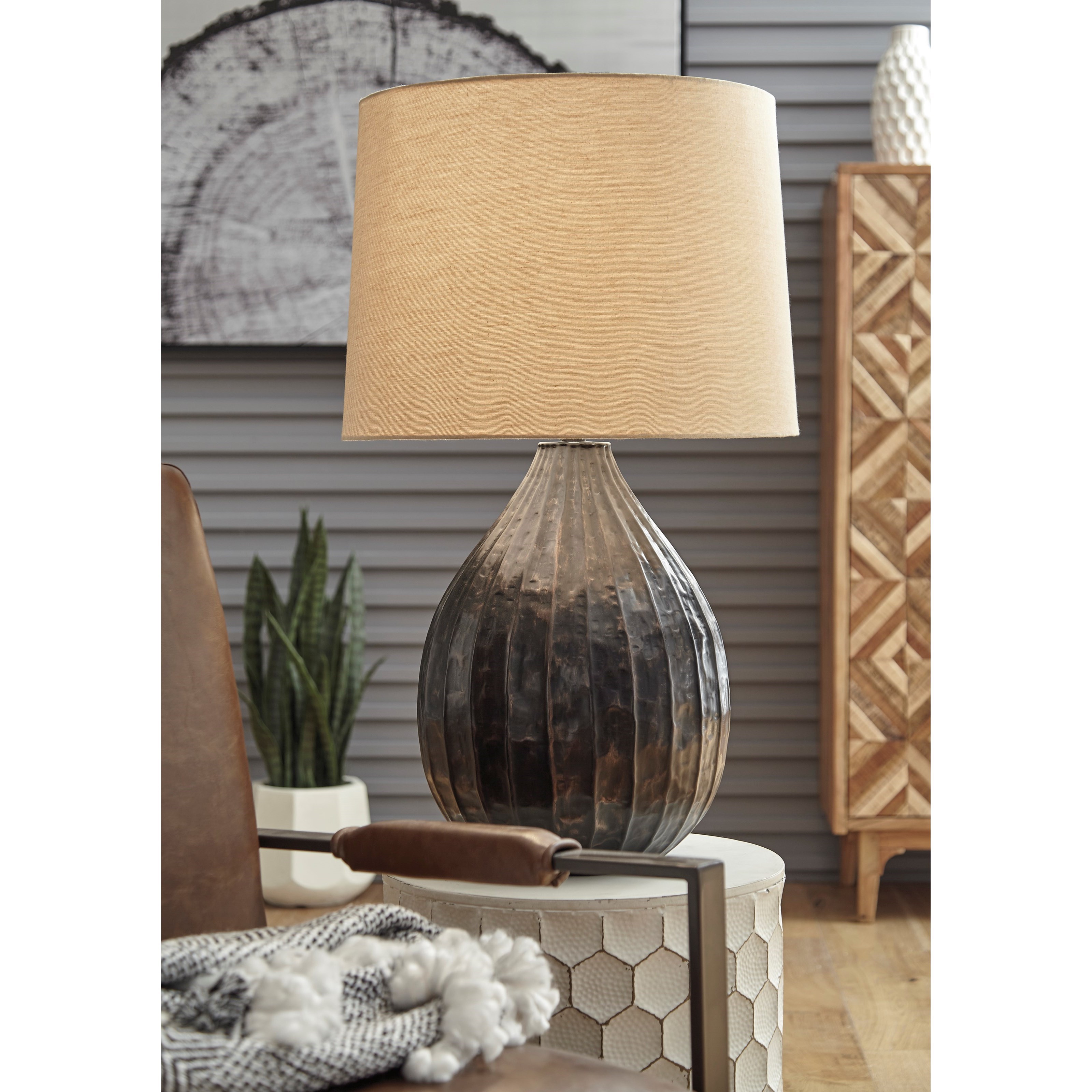 grey and copper table lamp