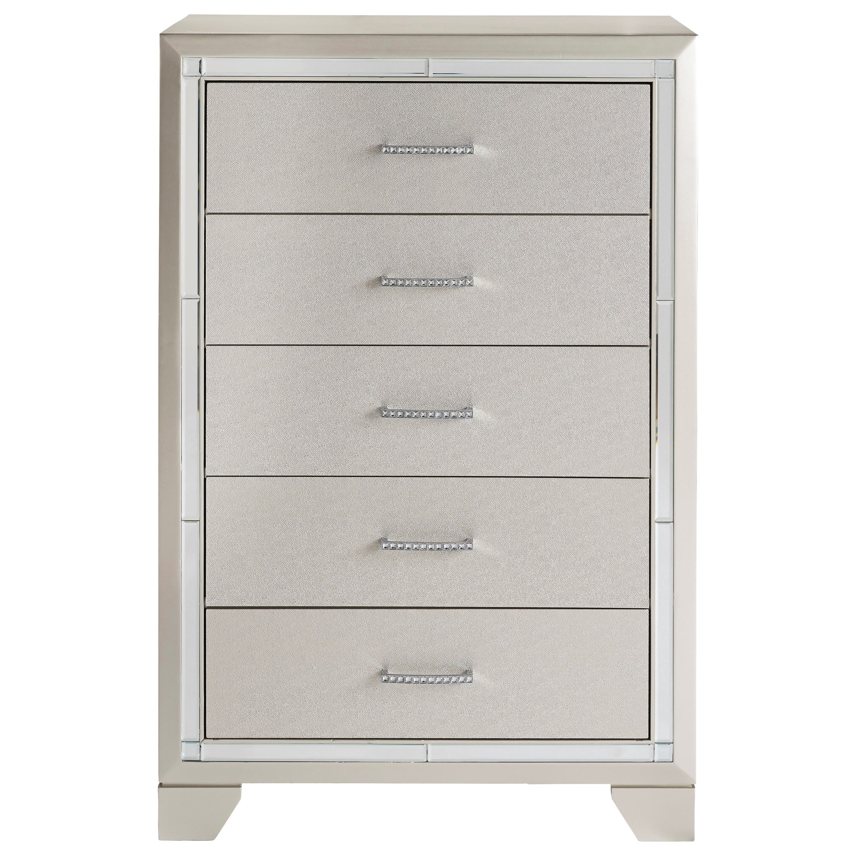Vendor 3 Lonnix B410 45 Glam Five Drawer Chest With Mirror Accents Becker Furniture Drawer Chests