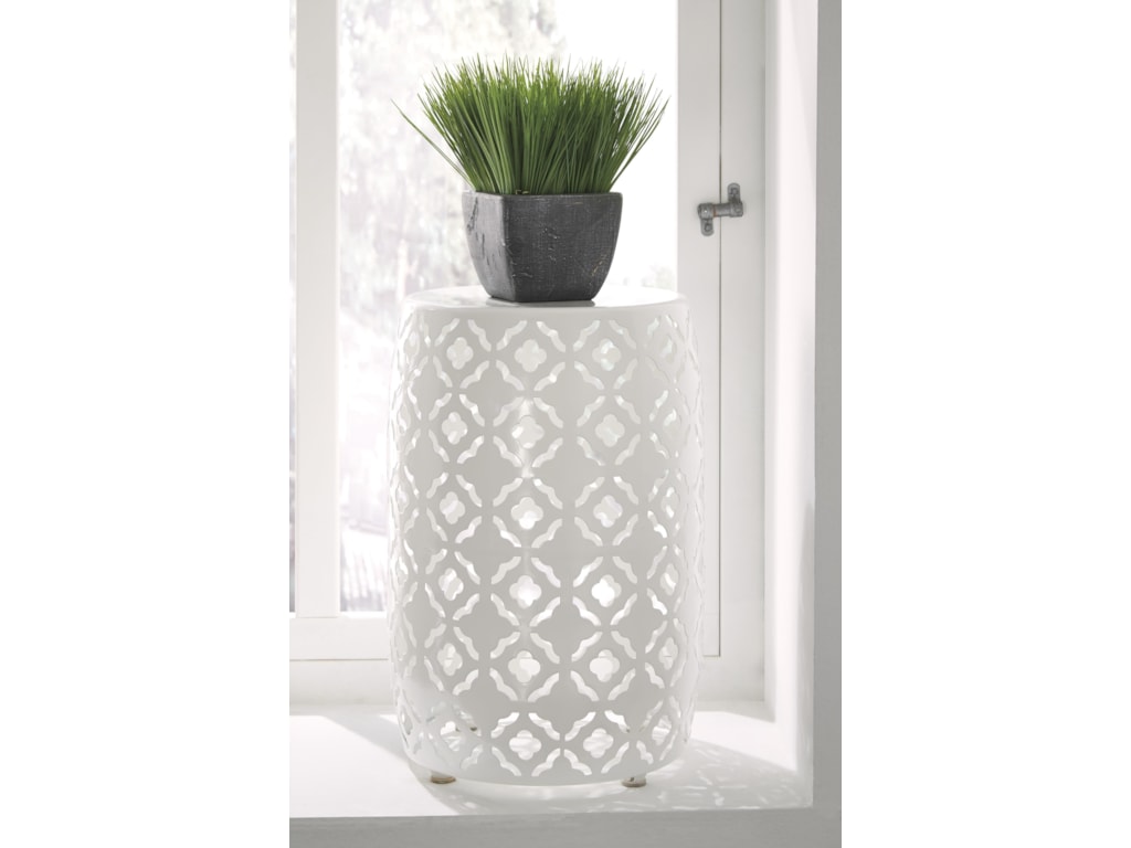 Signature Design By Ashley Marxim Moroccan Drum Table Style Round Signature Design By Ashley Marxim Moroccan Drum Table Style Round End In White Finish Miskelly Furniture Tables