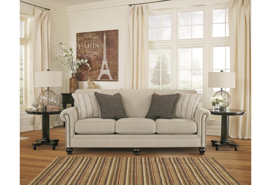 Milari Linen Transitional Sofa With Rolled Arms Nail Head Trim By Signature Design Ashley At Sparks Home