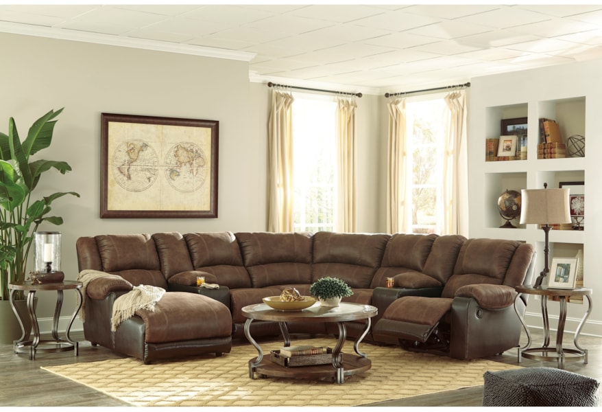 Signature Design By Ashley Nantahala Faux Leather Reclining Sectional With Chaise Console Northeast Factory Direct Sofas Reclining Sectional Sofas