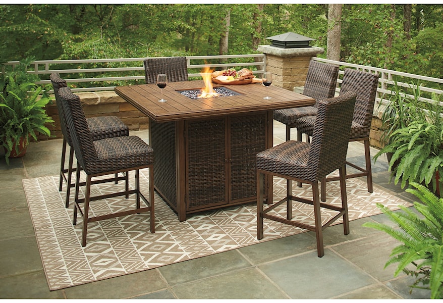 Signature Design By Ashley Paradise Trail 7 Piece Outdoor Firepit Table Set Darvin Furniture Outdoor Pub Dining Sets