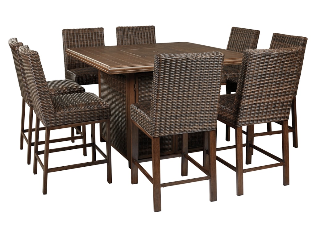 Signature Design By Ashley Paradise Trail 9 Piece Outdoor Firepit Table Set Royal Furniture Outdoor Pub Dining Sets
