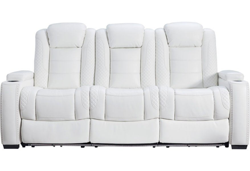 Signature Design By Ashley Party Time 3700415 Faux Leather Power Reclining Sofa W Adjustable Headrests Theater Lighting Furniture And Appliancemart Reclining Sofas