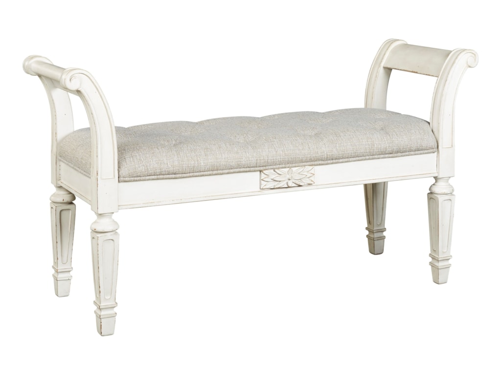 Realyn Traditional Antique White Accent Bench With Upholstered Seat By Signature Design Ashley At Furniture And Liancemart