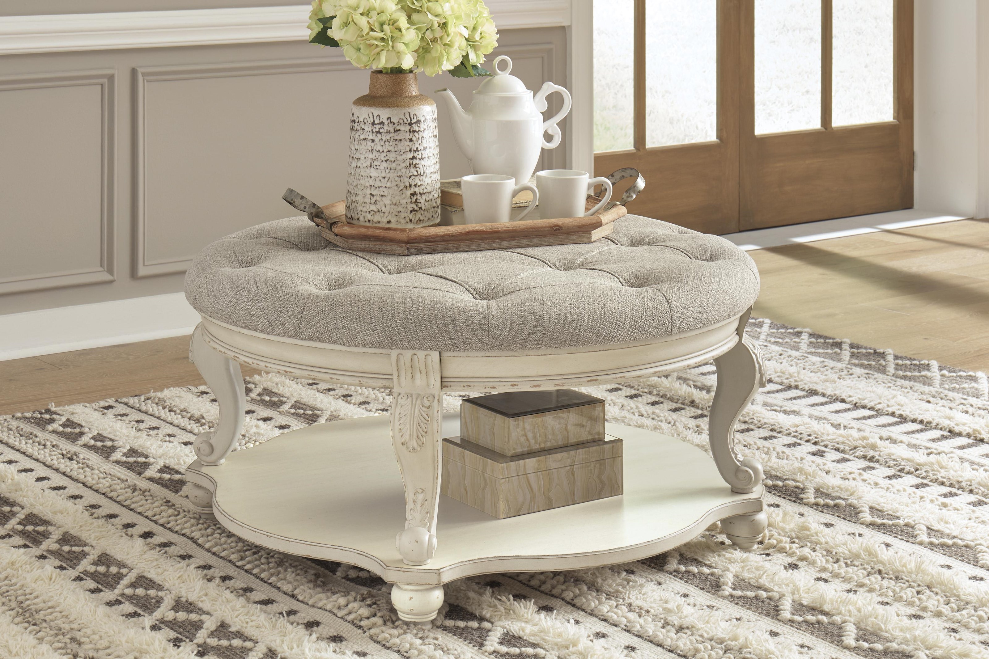 Signature Design By Ashley Realyn 203474313 3 Piece Round Ottoman Coffee Table And 2 Round End Table Set Sam Levitz Furniture Occasional Groups