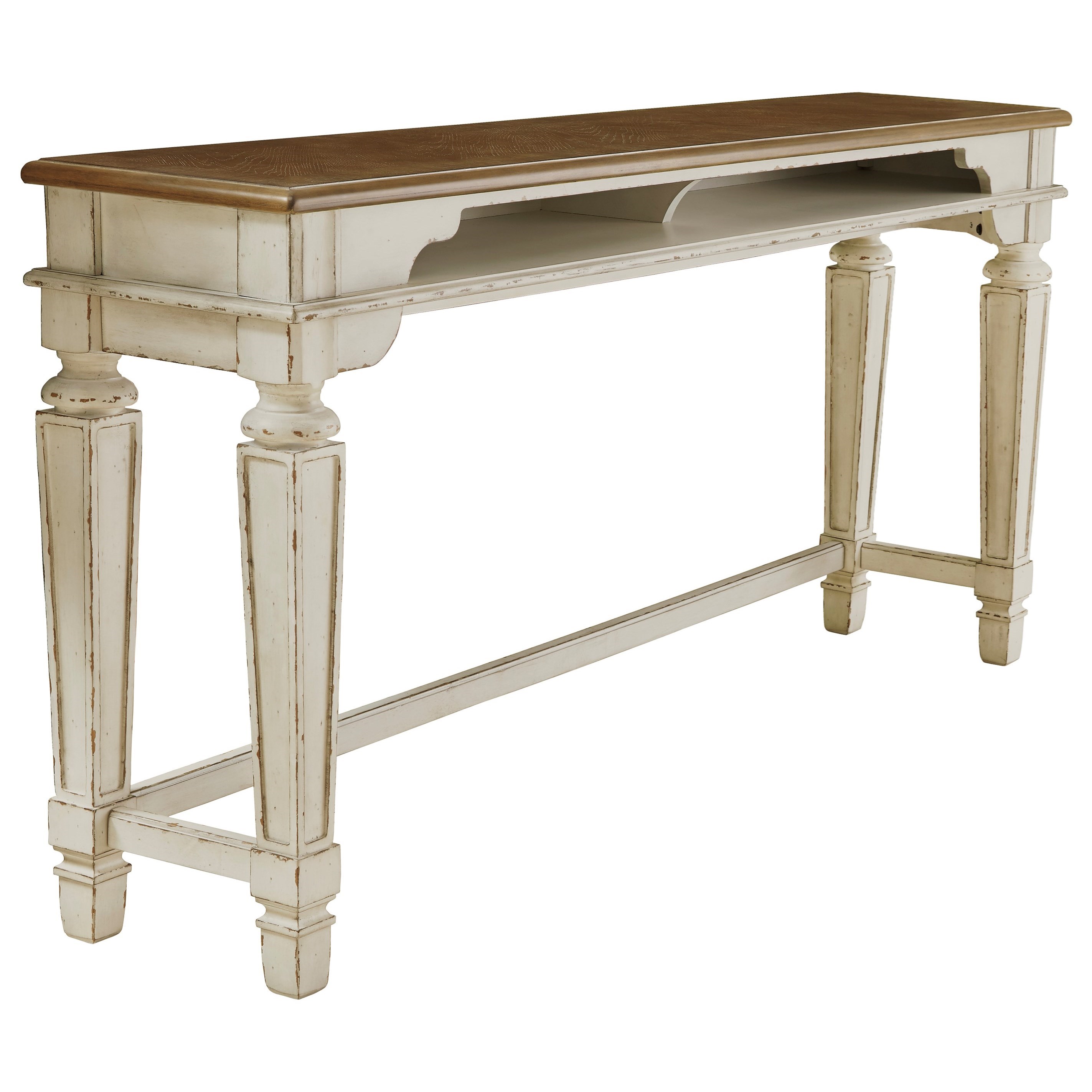 Signature Design By Ashley Realyn Two Tone Long Counter Table Sofa Table W 3 Upholstered Swivel Stools Northeast Factory Direct Pub Table And Stool Sets