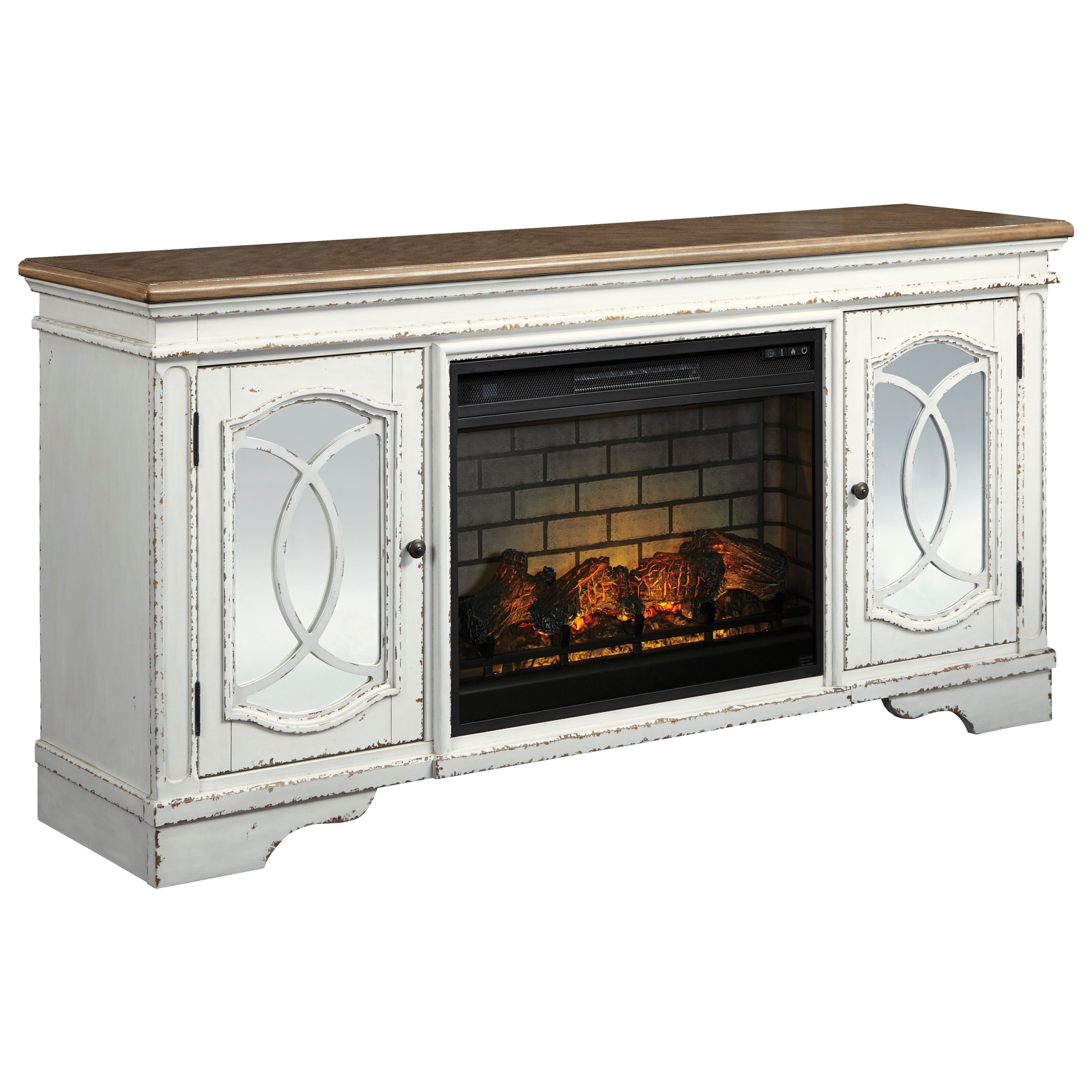 Signature Design By Ashley Realyn Cottage Style Extra Large Tv Stand With Fireplace Insert Royal Furniture Tv Stands
