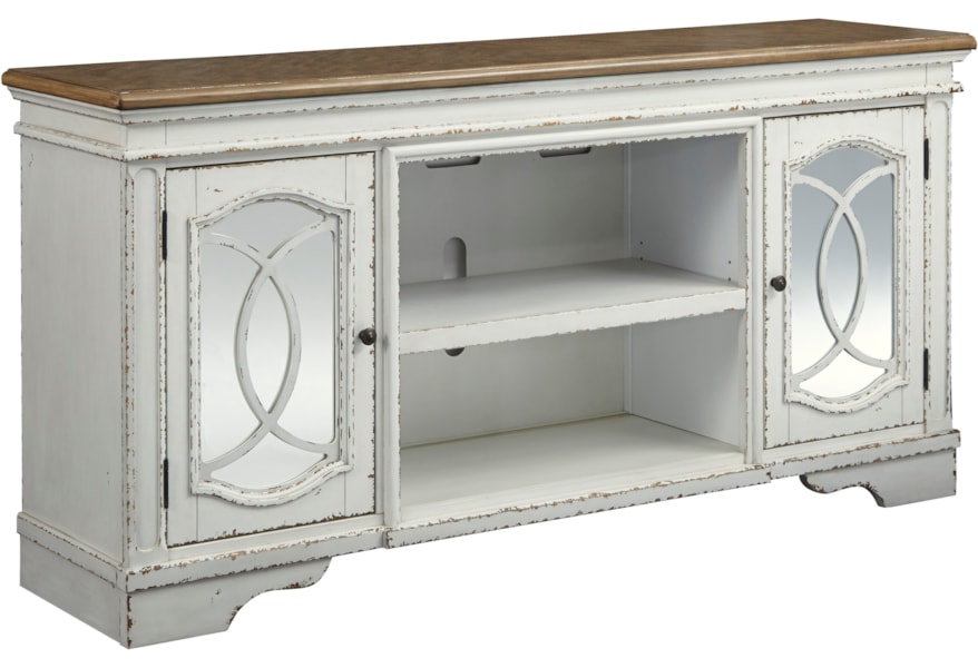 Signature Design By Ashley Realyn W743 68 74 Tv Stand With Mirrored Door Fronts Furniture And Appliancemart Tv Stands