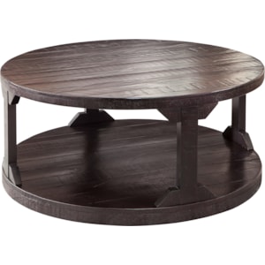 Signature Design By Ashley Rogness Rustic Round Cocktail Table With Shelf Standard Furniture Cocktail Coffee Tables