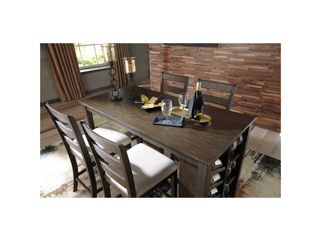 Signature Design By Ashley Rokane Rectangular Counter Table W Storage And Wine Rack Royal Furniture Pub Tables