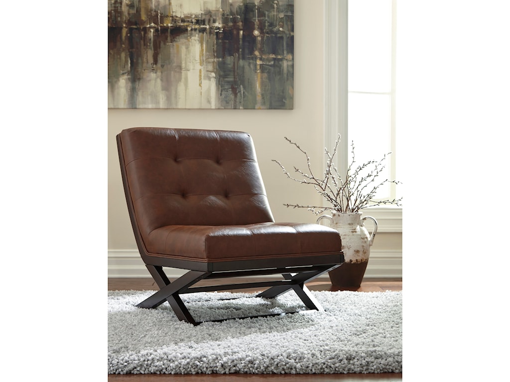 Signature Design By Ashley Sidewinder Wood X Base Armless Accent Chair With Brown Faux Leather Royal Furniture Upholstered Chairs