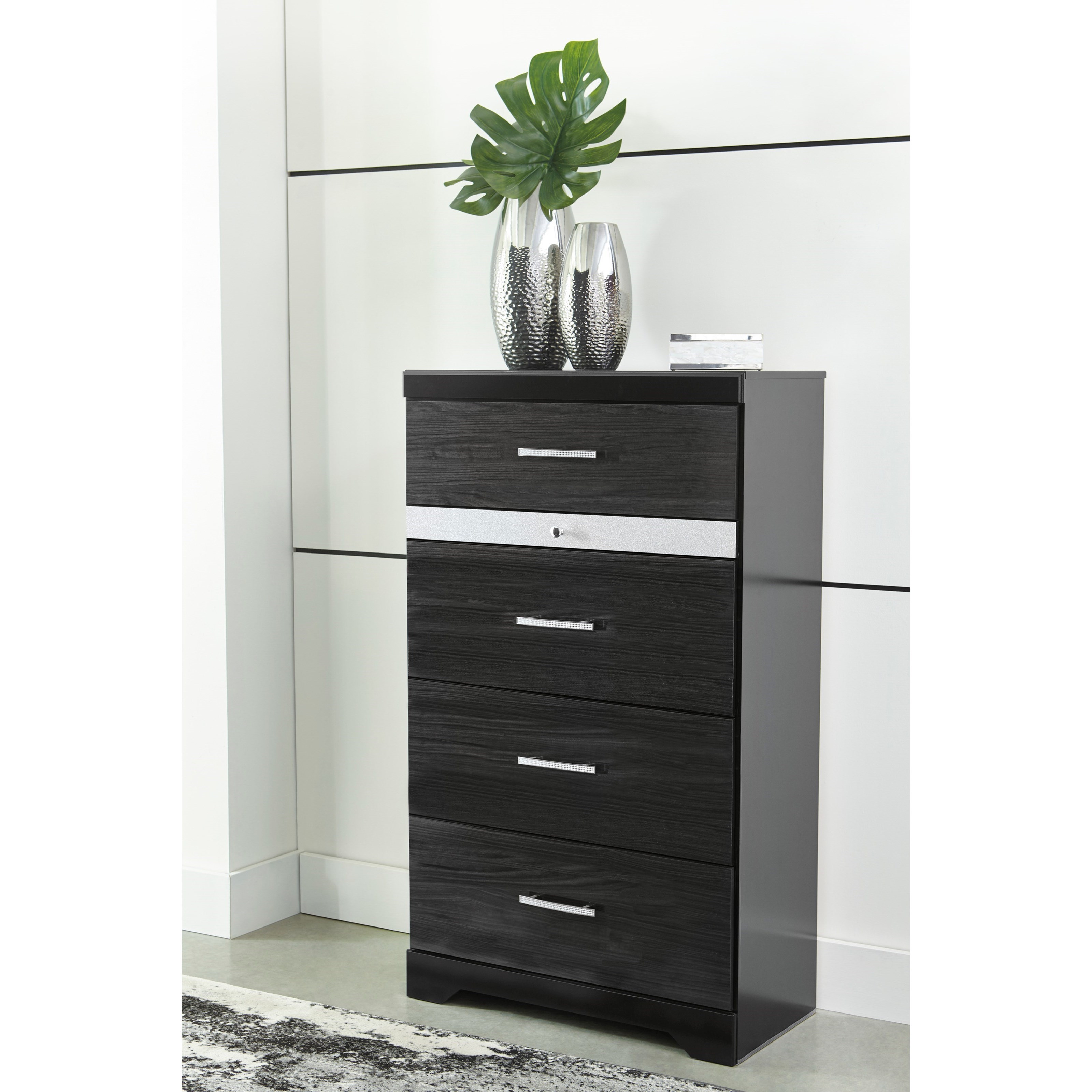 Signature Design By Ashley Starberry Glam Black Finish Five Drawer Chest With Jewelry Drawer Value City Furniture Drawer Chests