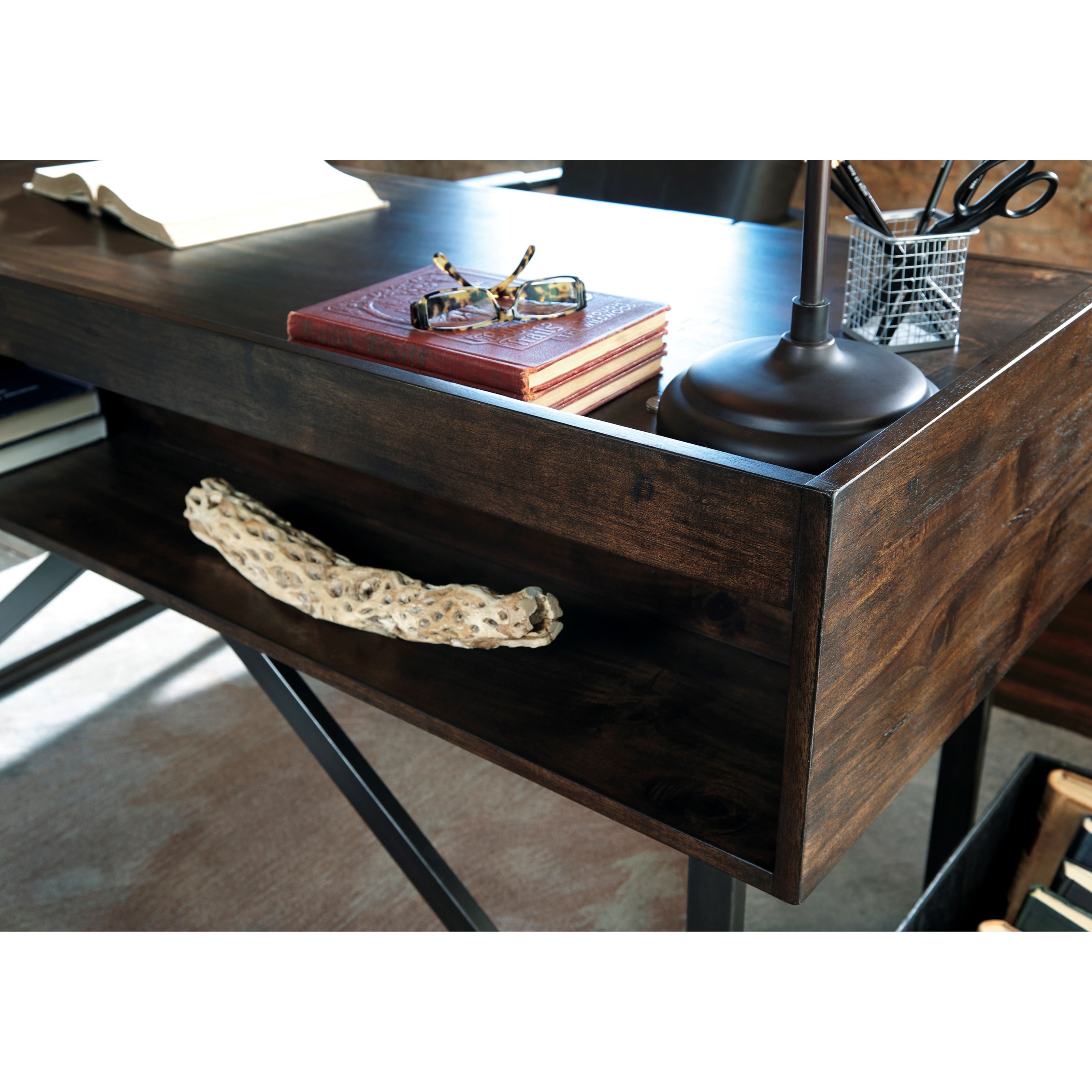 Signature Design By Ashley Starmore Modern Rustic Industrial Home Office Desk With Steel Base Sheely S Furniture Appliance Table Desks Writing Desks