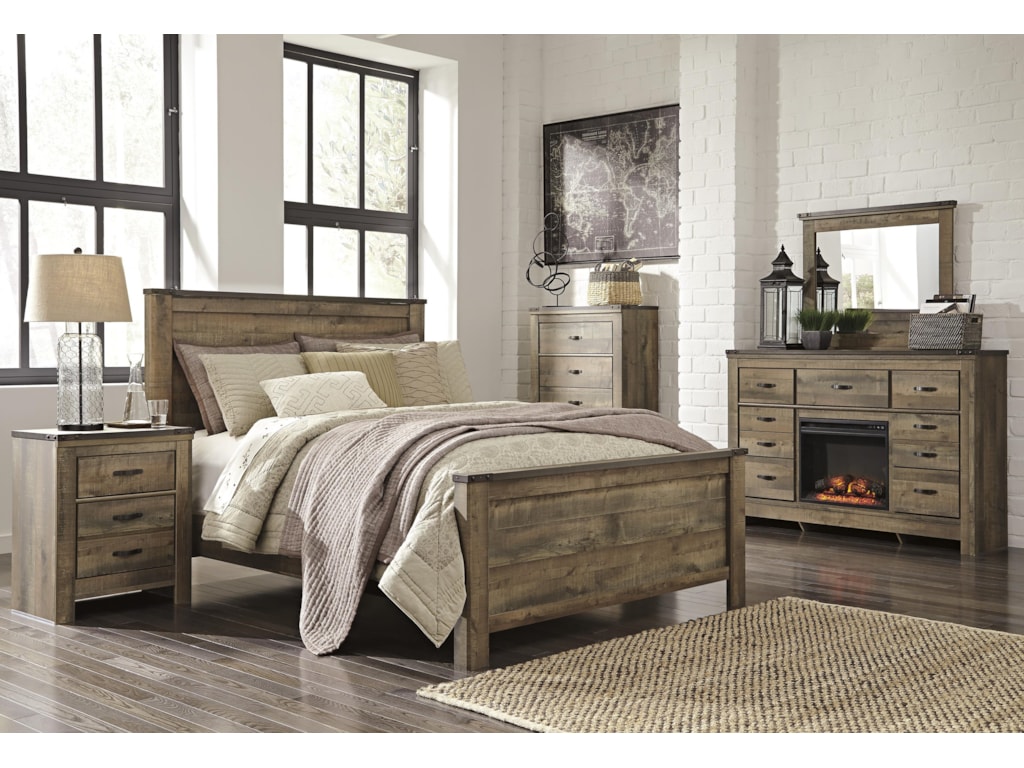 Signature Design By Ashley Trinell B446 58 56 97 26 92 46 32 W100 01 King Panel Bed Dresser With Electric Fireplace Mirror Nightstand And Chest Package Sam Levitz Furniture Bedroom Groups Signature Design By Ashley Trinell B446