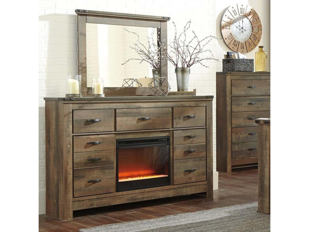 Signature Design By Ashley Trinell Rustic Dresser With Fireplace