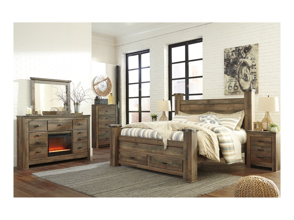 Signature Design By Ashley Trinell Rustic Dresser With Fireplace Insert Top Metal Banding Royal Furniture Dressers Rustic Dresser With Fireplace Insert