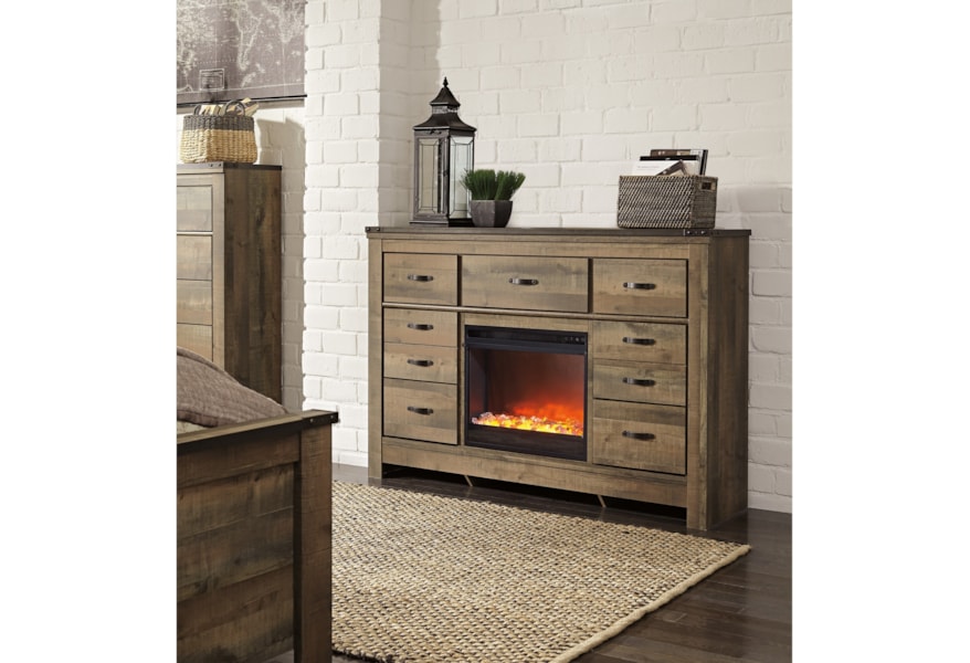 Signature Design By Ashley Trinell Rustic Dresser With Fireplace