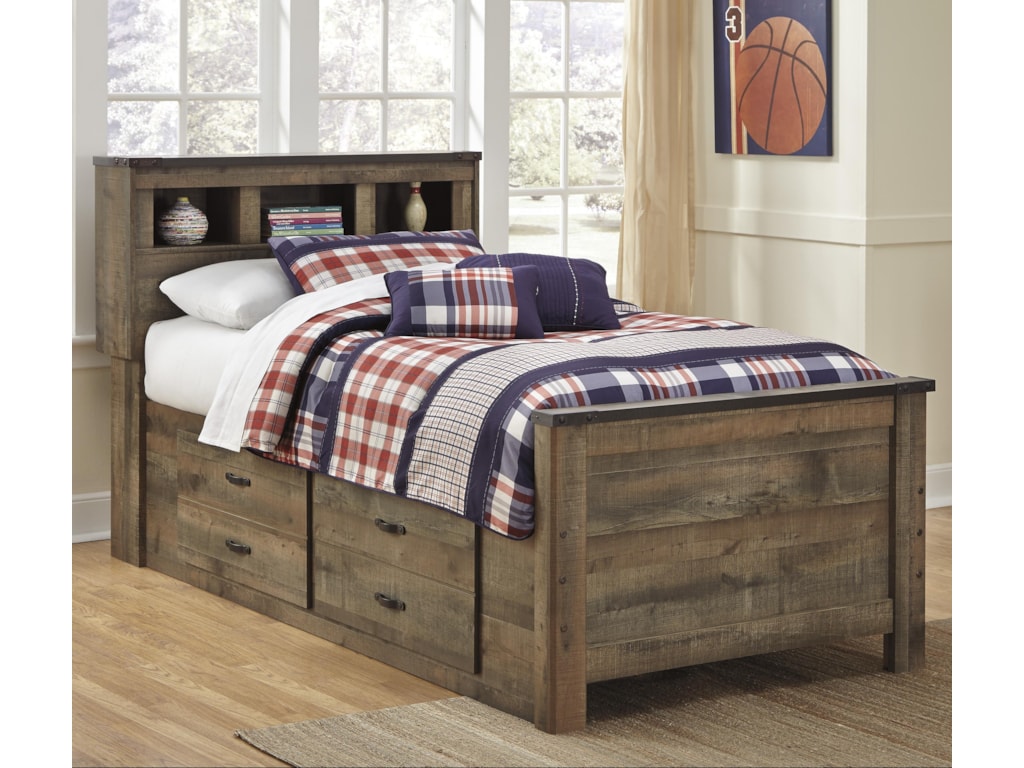 Signature Design By Ashley Trinell Rustic Look Twin Bookcase Bed With Under Bed Storage Royal Furniture Bookcase Beds Under Bed Storage Drawers Twin
