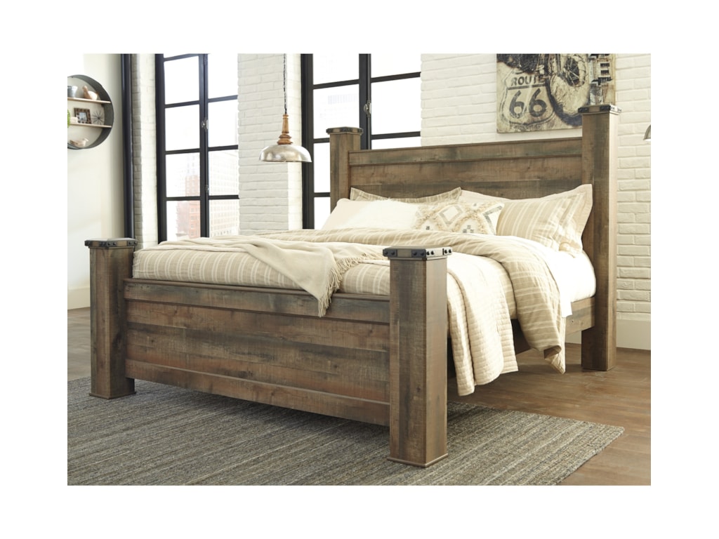 Signature Design By Ashley Trinell Rustic Look King Poster Bed Royal Furniture Panel Beds