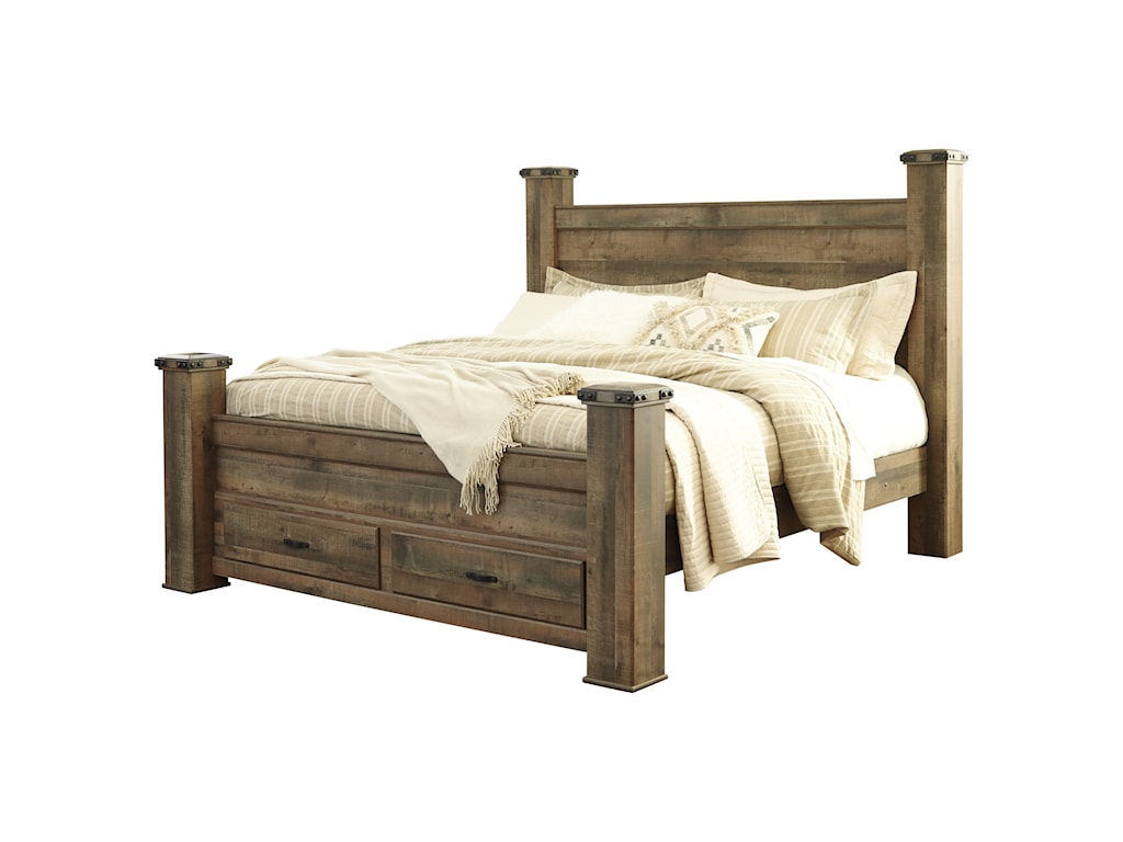 Signature Design By Ashley Trinell Rustic Look King Storage Bed With 2 Footboard Drawers Royal Furniture Panel Beds