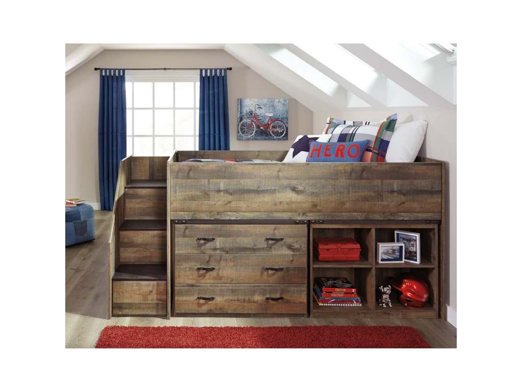 Signature Design By Ashley Trinell Loft Bed W Stairs Bookcase Drawer Storage Royal Furniture Loft Beds Ashley Loft Bed With Stairs
