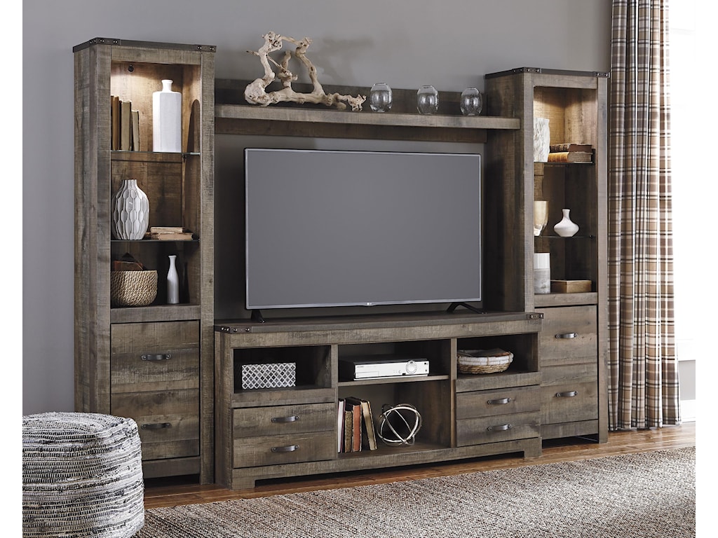 Signature Design By Ashley Trinell Rustic Large TV Stand 2 Tall Piers W Bridge Royal Furniture Wall Unit