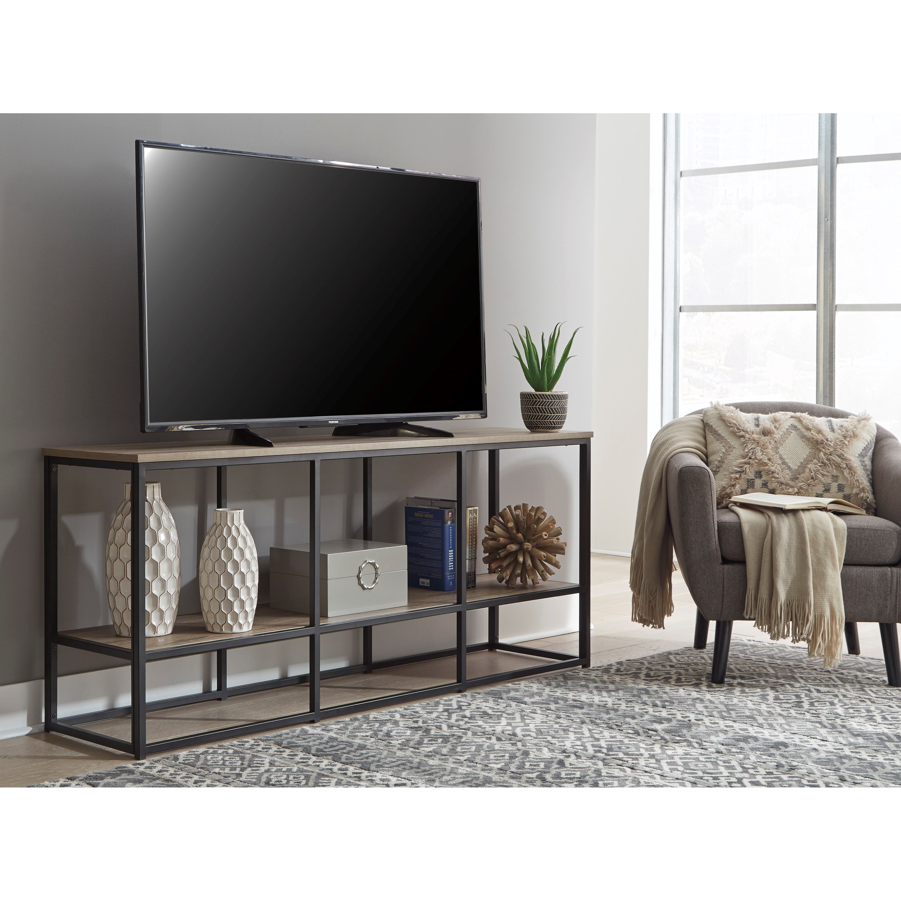 Signature Design By Ashley Wadeworth Black Metal Extra Large Tv Stand With Rustic Shelves Royal Furniture Tv Stands No matter the type, these if you want a floating tv stand or shelf that has a little more visual interest without the added weight or increased price then you may need to choose. wadeworth extra large tv stand