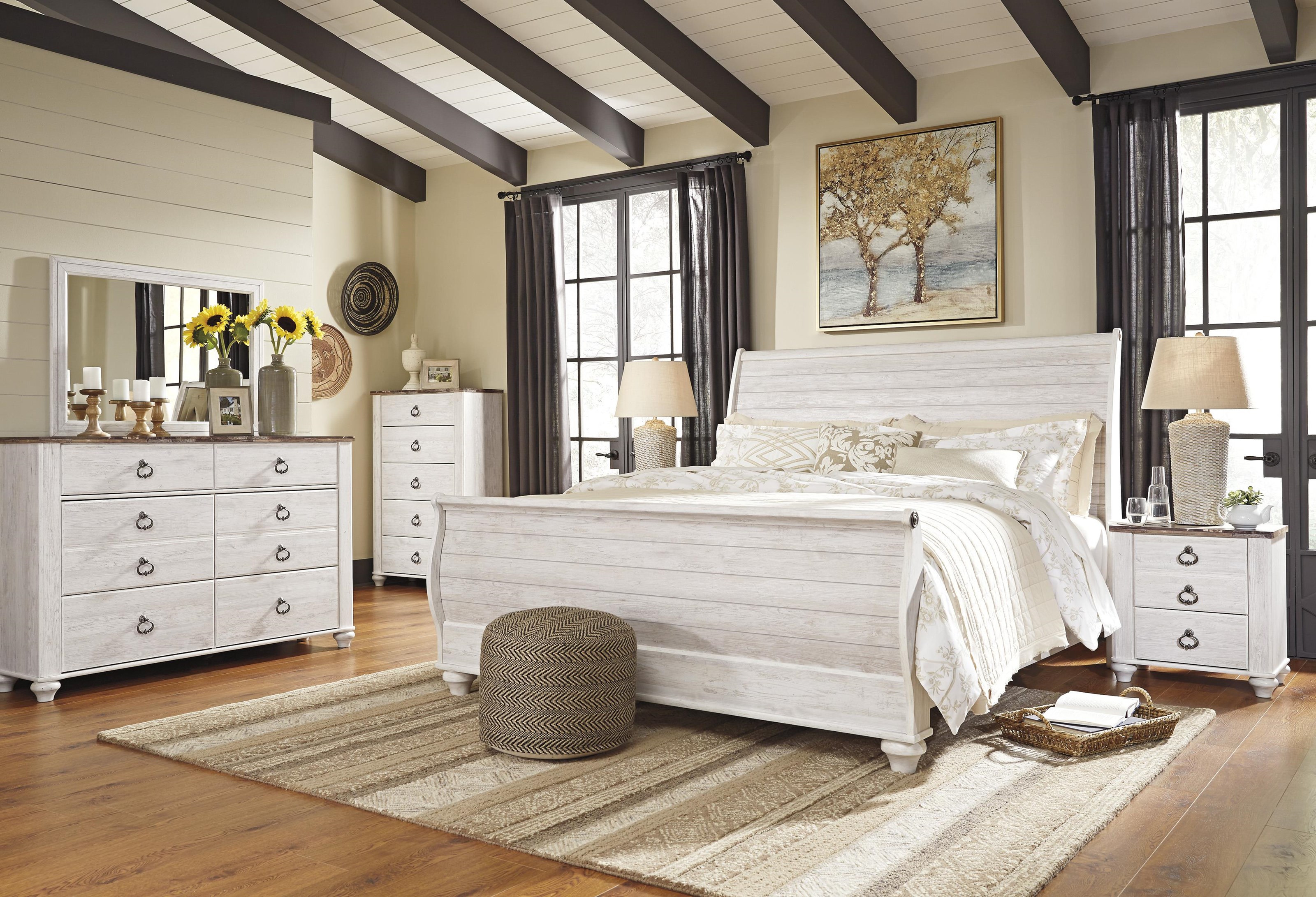 Signature Design By Ashley Willowton B267 78 76 97 31 36 2x92 46 King Sleigh Bed Dresser Mirror 2 Nightstands And Chest Package Sam Levitz Furniture Bedroom Groups