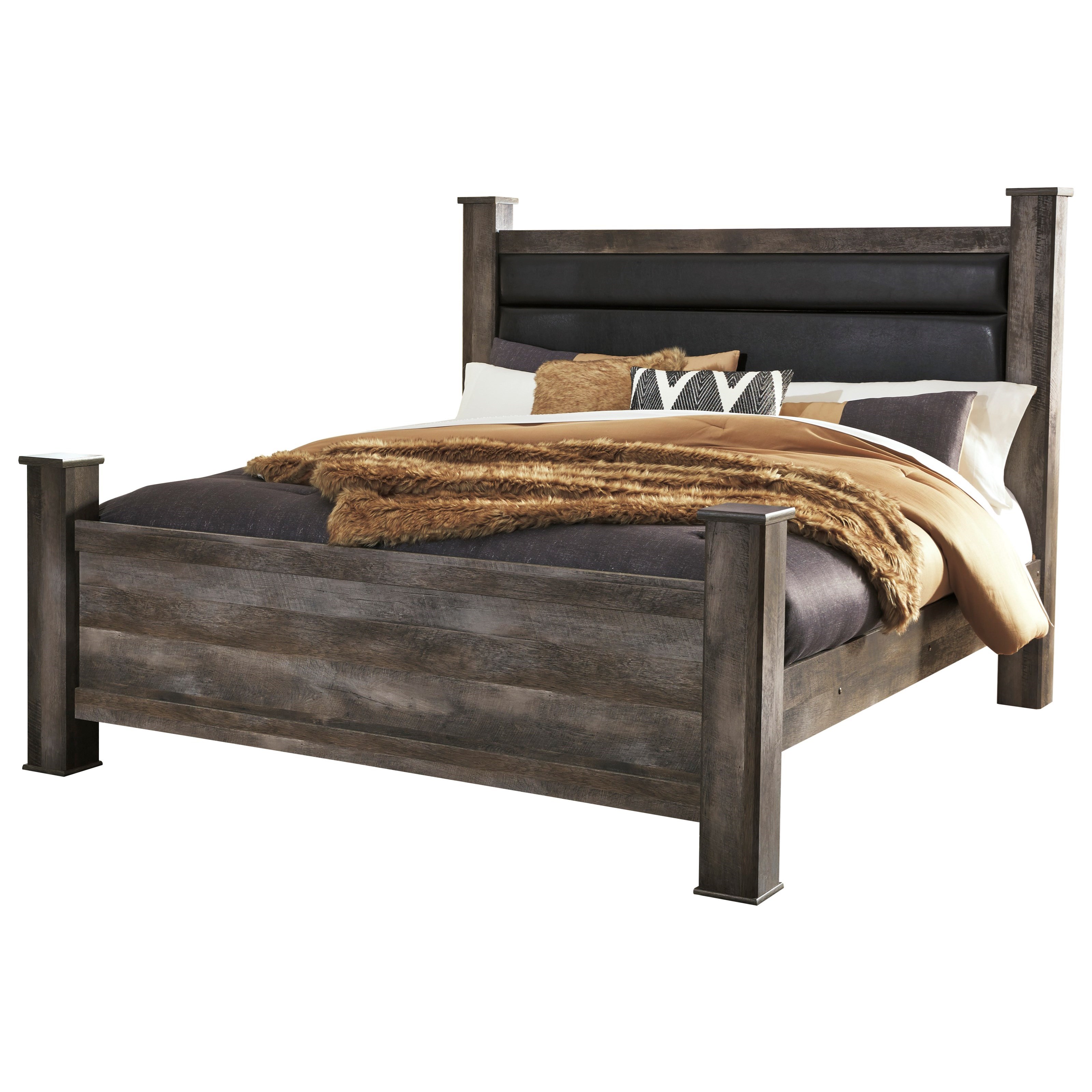 Signature Design By Ashley Wynnlow King Rustic Poster Bed With Upholstered Headboard Furniture Mart Colorado Upholstered Beds