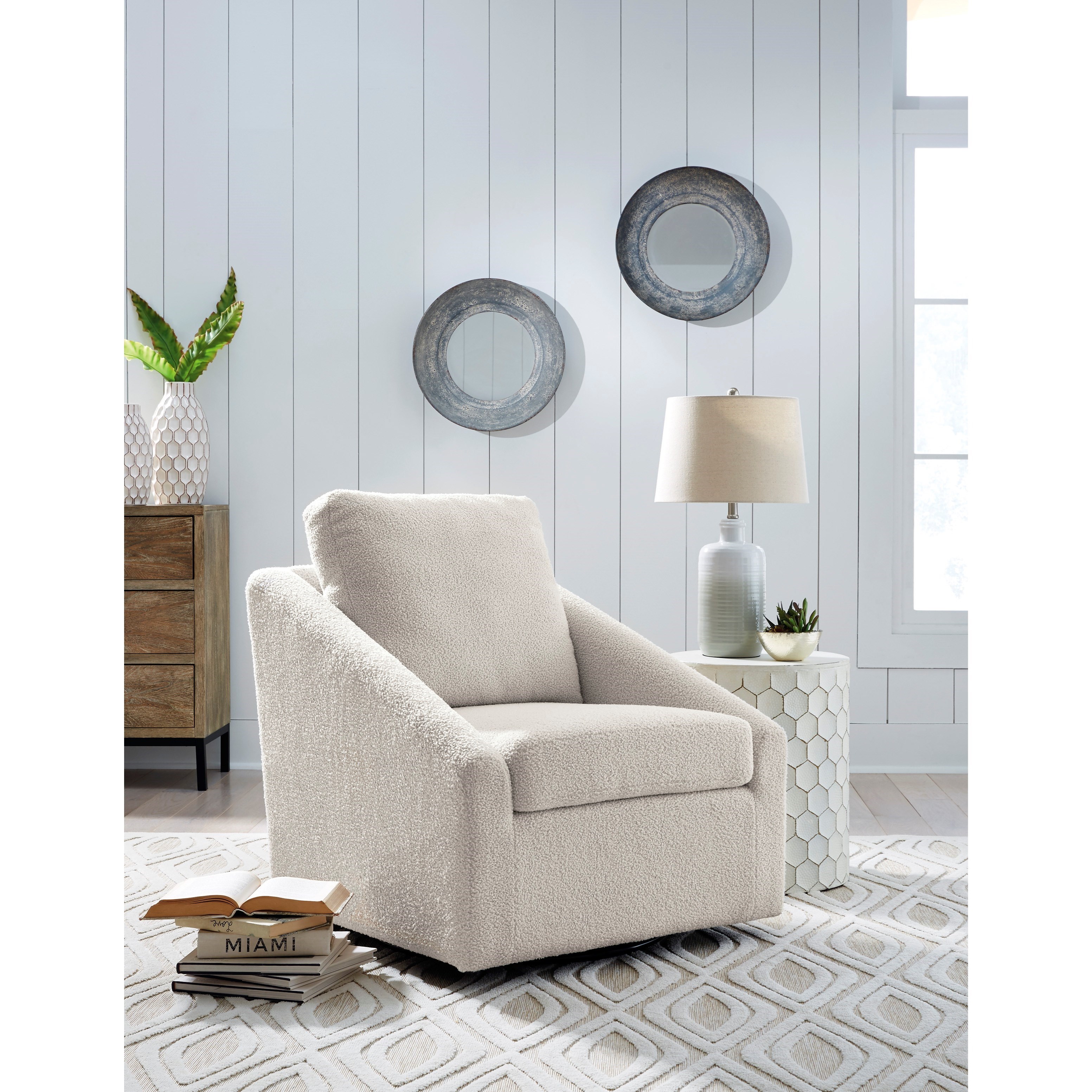 Signature Wysler Swivel Accent Chair In Cream Sherpa Fabric Walker S Furniture Upholstered Chairs