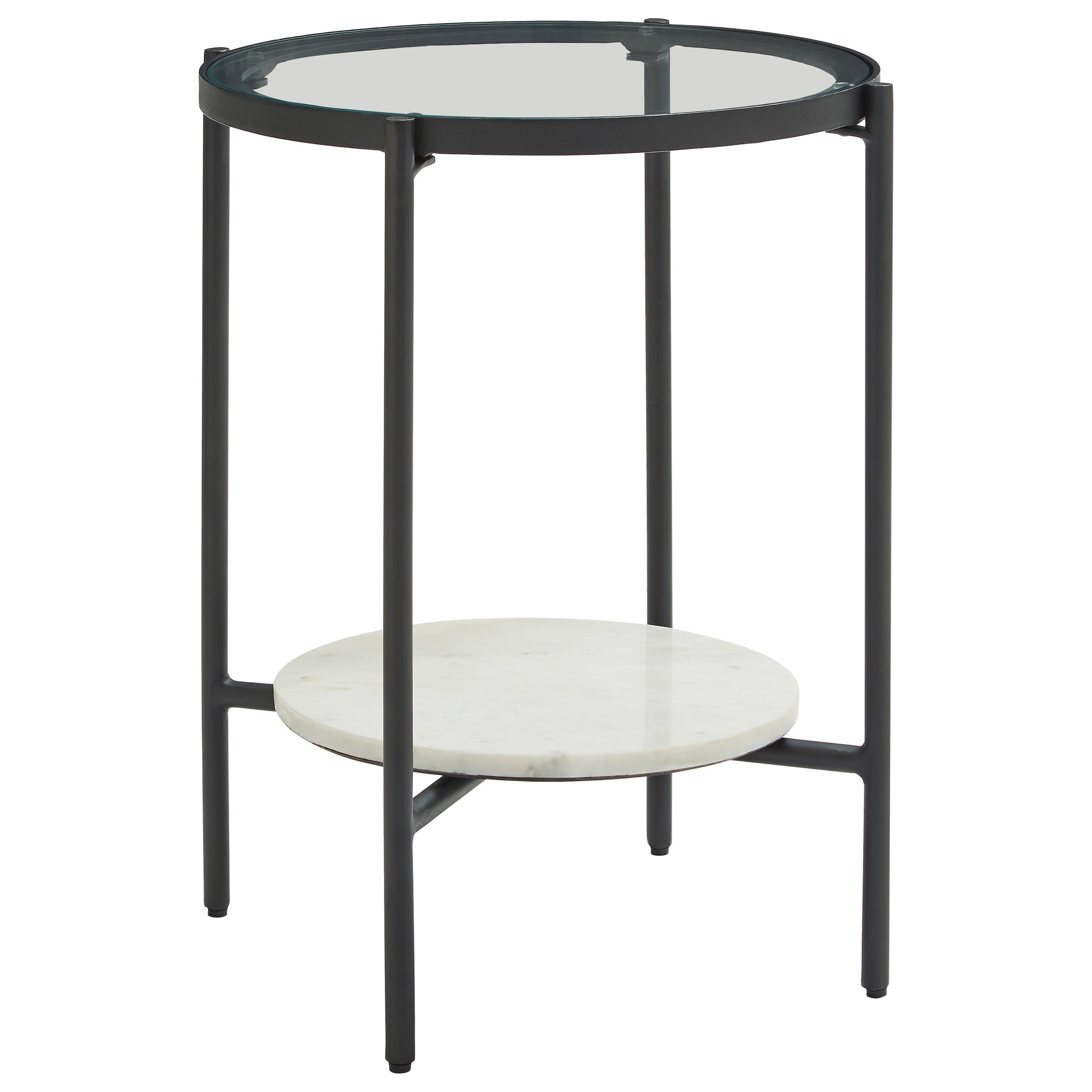 Signature Design By Ashley Zalany Black Metal Round End Table With Glass Top And White Marble Shelf Red Knot End Tables